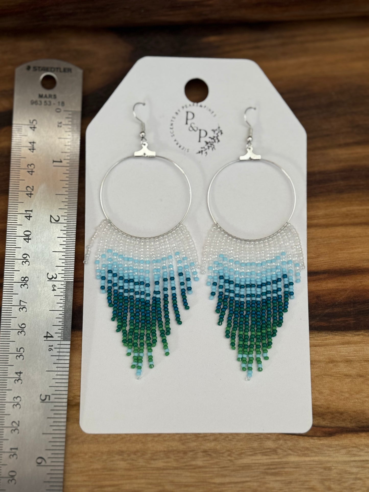 Blue-Green Gradient Beaded Circle Fringe Earrings