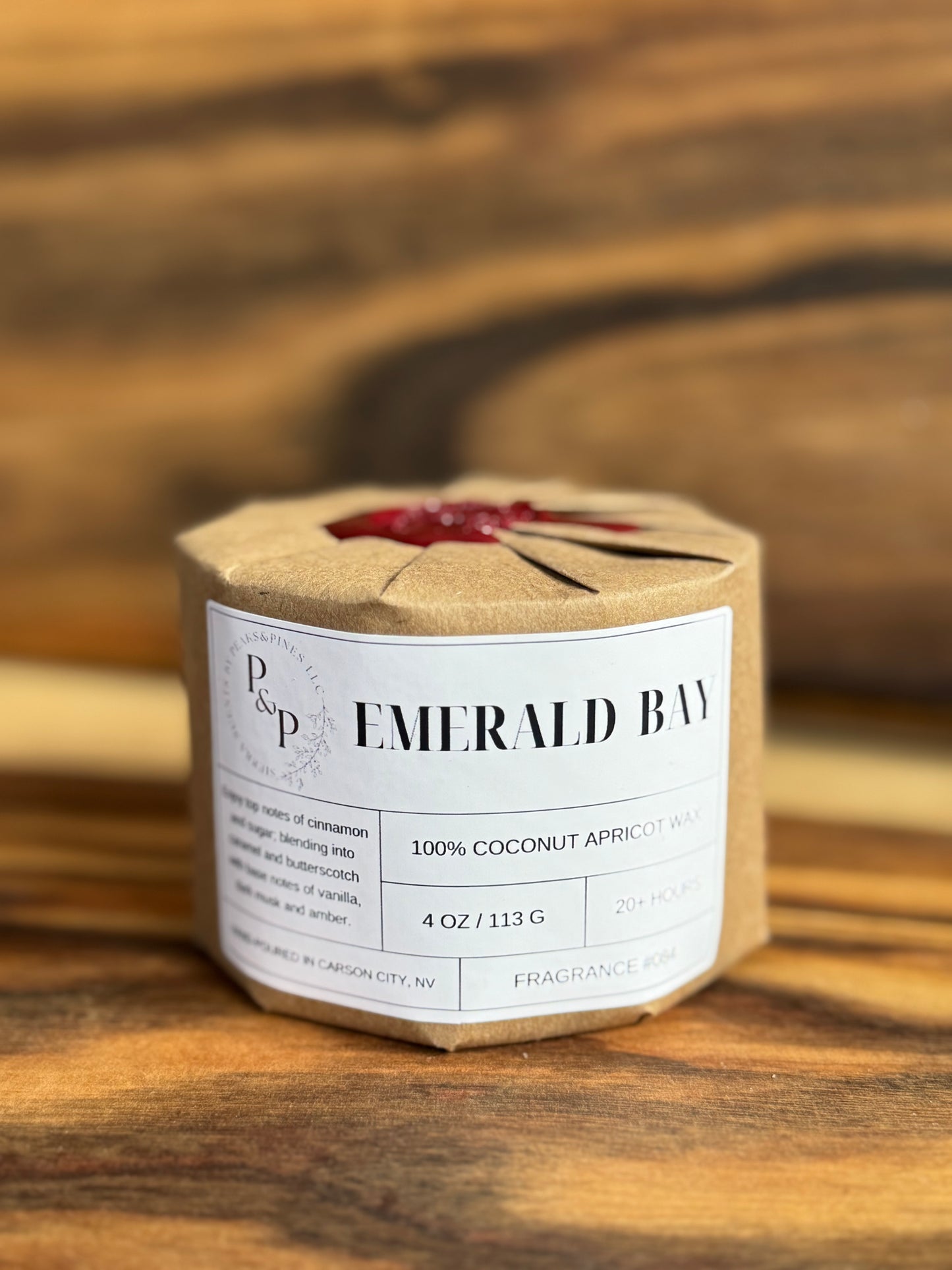 Wrapped Emerald Bay 4 oz candle with wax seal, gift-ready packaging by Peaks and Pines