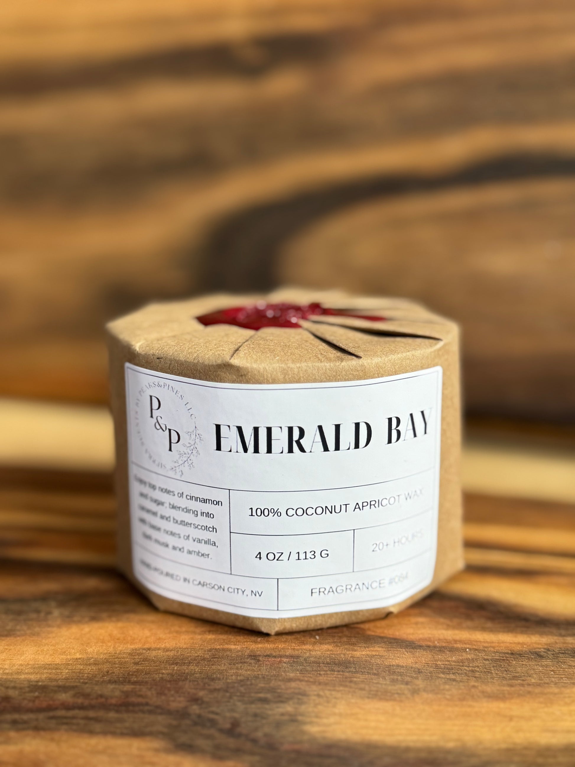 Wrapped Emerald Bay 4 oz candle with wax seal, gift-ready packaging by Peaks and Pines