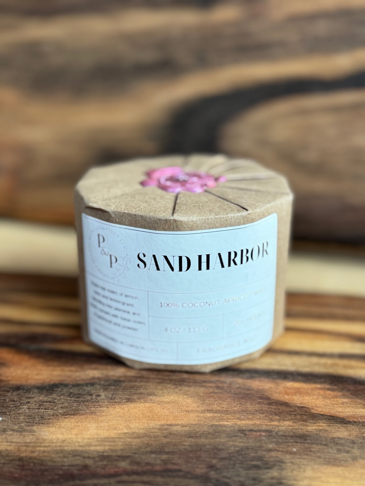 Sand Harbor 4 oz ceramic candle by Peaks and Pines, wrapped and sealed
