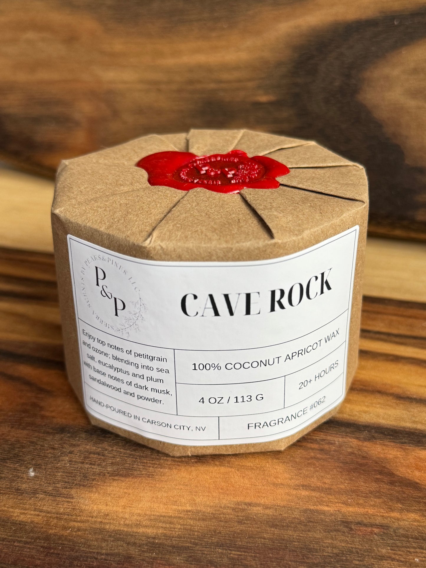 Wrapped Cave Rock 4 oz candle with wax seal, gift-ready packaging by Peaks and Pines