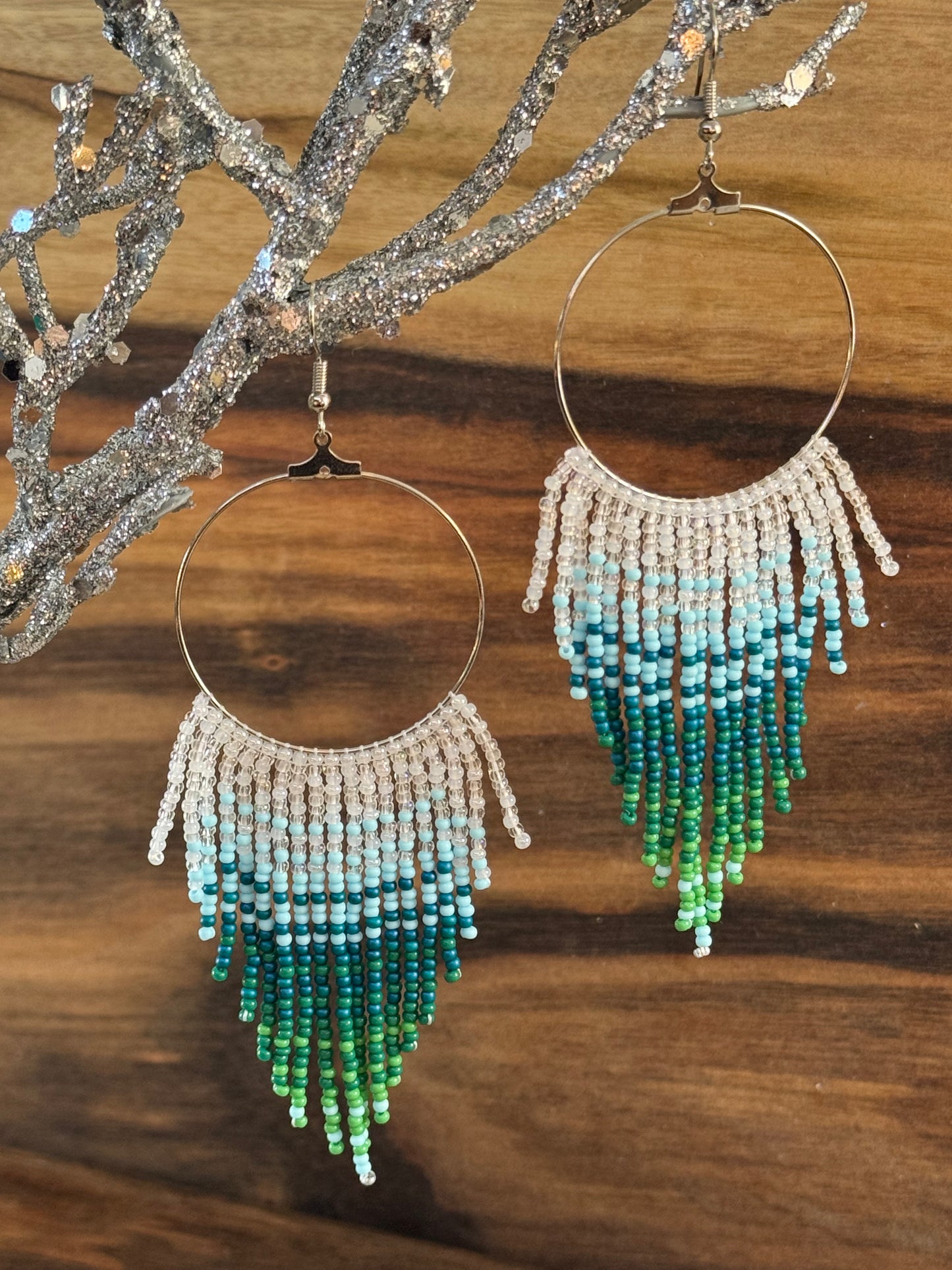 Blue-Green Gradient Beaded Circle Fringe Earrings