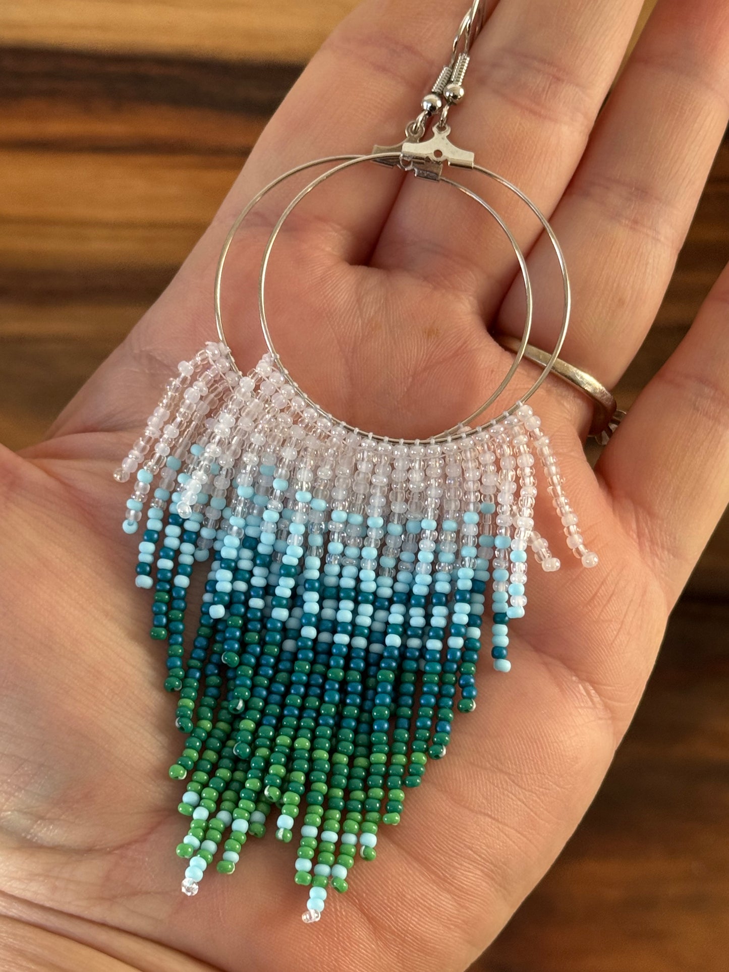 Blue-Green Gradient Beaded Circle Fringe Earrings