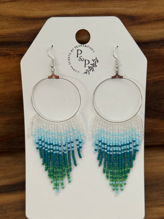 Blue-Green Gradient Beaded Circle Fringe Earrings
