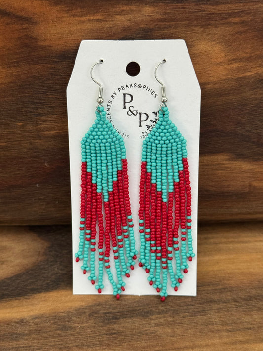 Turquoise and Red Beaded Fringe Earrings