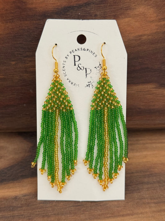 Gold and Green Beaded Earrings